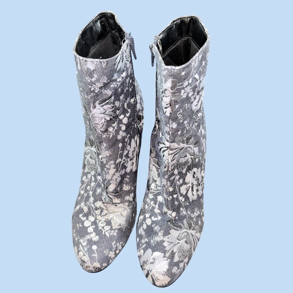 Merona Floral Brocade Ankle Booties Womens Size 11 Blue Silver Block Heel